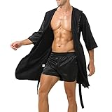 Generisch Accappatoio da uomo corto leggero raso: vestaglia in seta kimono raso, comoda biancheria da notte scollo a V Cappotto da sauna con cintura sexy loungewear camicia da notte tuta in raso, Nero